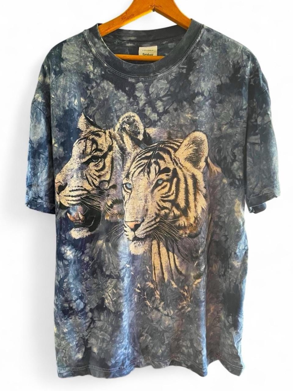 Vintage 90s Rainforest Cafe White Tiger Tie Dye Tee Shirt Blue XL Orlando